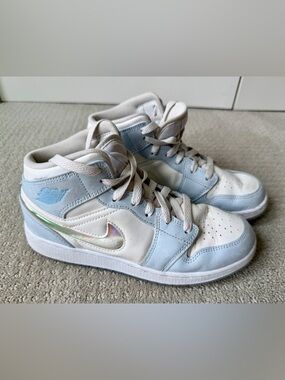 Nike High-Top Sneakers in White & Light Blue with Iridescent Swoosh